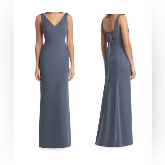 Social Bridesmaids v-neck Back Tie Chiffon Trumpet Gown Maxi Dress NWT - Picture 1 of 10